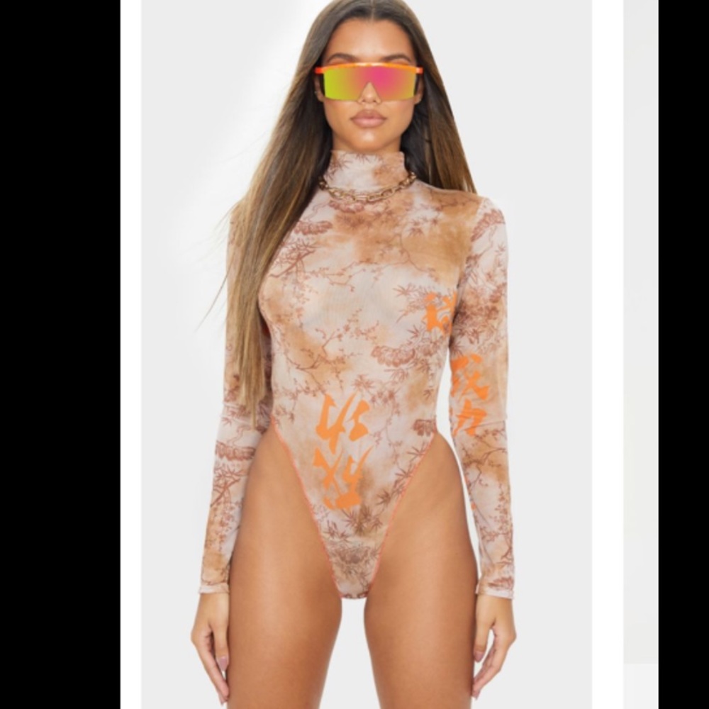 Orange Oriental Mesh Contrast Bodysuit